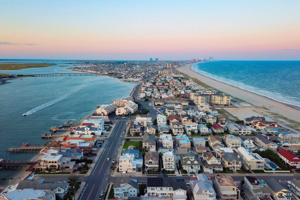 Aerial view of Absecon Island showing the Atlantic Ocean, back bay and the Longport, Margate and Ventnor area of New Jersey.