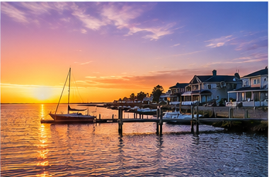 Sunset over the back bay showing waterfront life on Absecon Island, New Jersey.