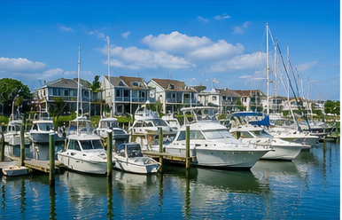 Boats and marina scene representing bay life on Absecon Island, New Jersey.