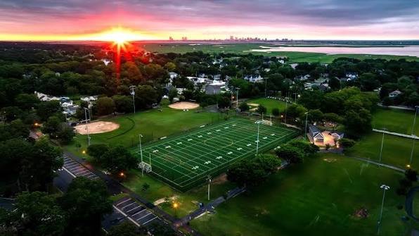 Athletic fields and neighborhood recreation area in Linwood, New Jersey at sunset.