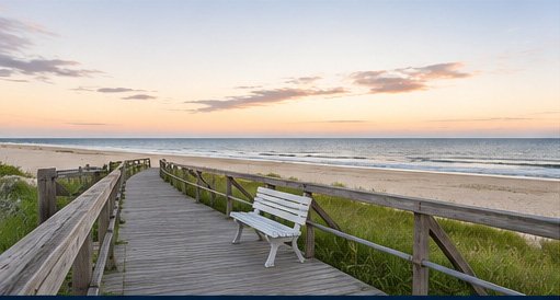 Beach access walkway and shoreline scene representing Longport, New Jersey.