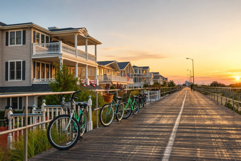 Bicycles along the Ocean City, New Jersey boardwalk beside homes at sunset