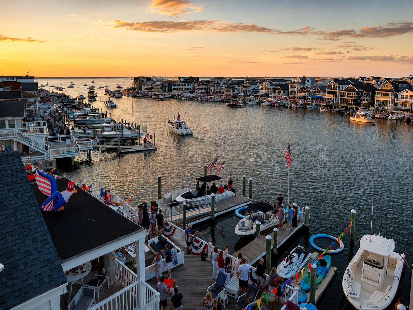 Boats and waterfront homes during Night in Venice in Ocean City, New Jersey