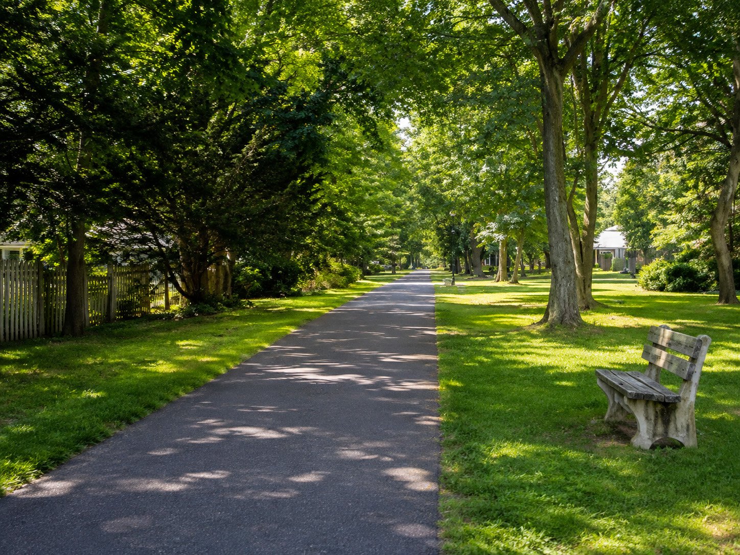 Tree-lined bike path through a residential area in Somers Point, New Jersey.