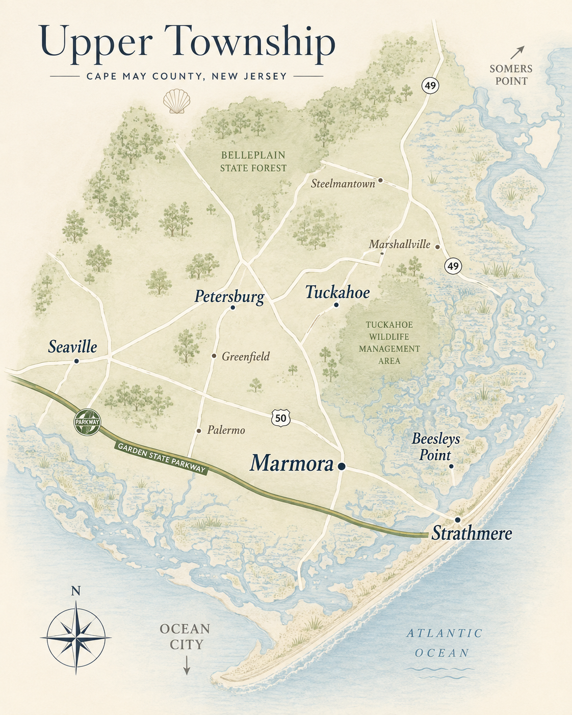 Illustrated map of Upper Township, New Jersey showing Marmora, Strathmere, Beesleys Point, Seaville, Palermo, Greenfield, Petersburg, Tuckahoe, Steelmantown and Marshallville.