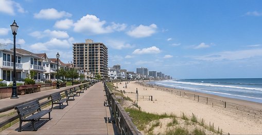 Boardwalk and beach scene representing Ventnor, New Jersey.