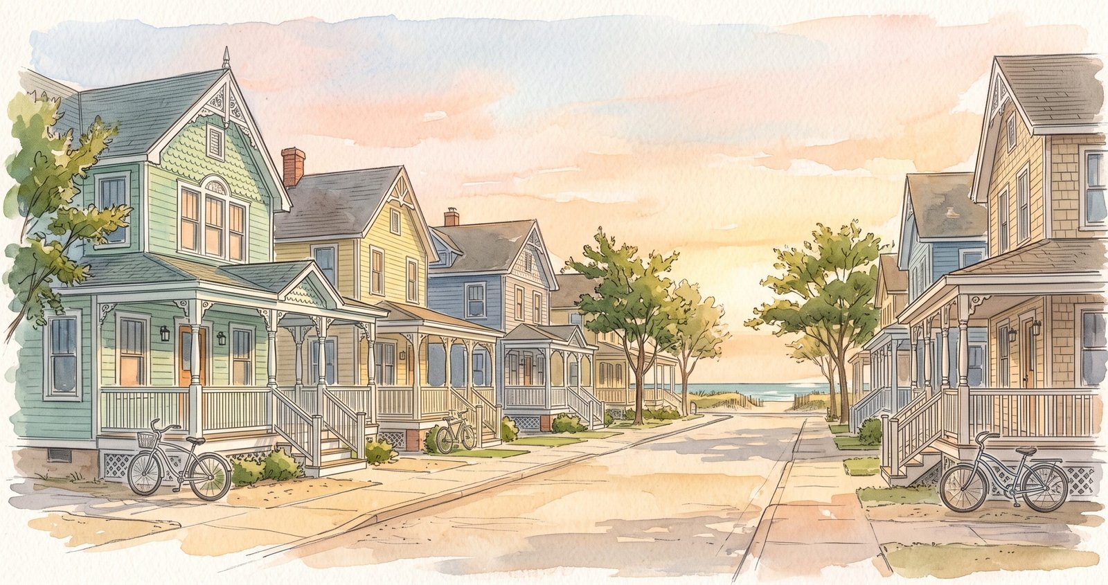 Watercolor illustration of Ocean City NJ shore homes -- seller closing costs and fees in Ocean City NJ